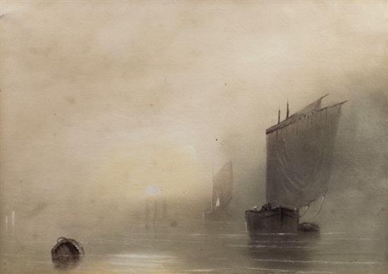 Jean Le Capelain comparable auction result: jean le capelain jersey 1812 1848 fishing boats in calm seas at sunsetwatercolour
