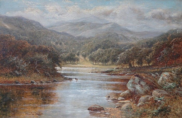 Charles Leader comparable auction result: charles leader pair of oil on canvases depicting peaceful river landscape