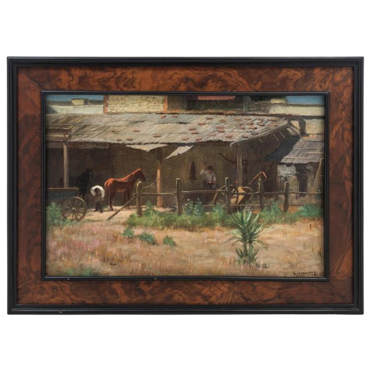 Leandro Izaguirre comparable auction result: leandro izaguirre mexico 1867 1941 cowshed oil on canvas signed 35 x 54 cm