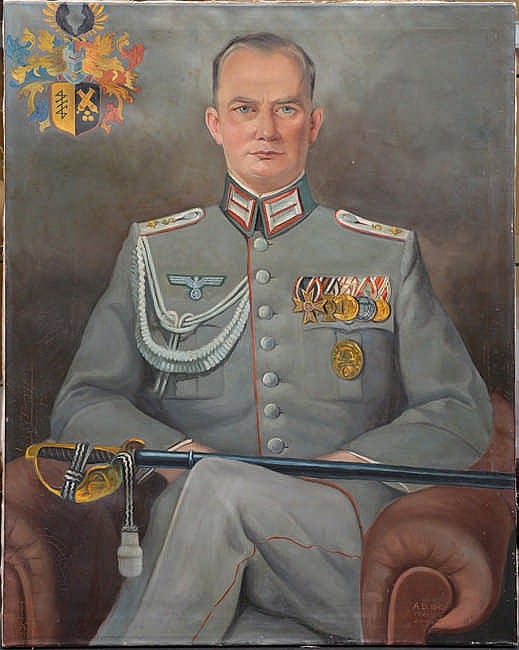 A. Reich comparable auction result: a large oil on canvas portrait of a seated third reich artillery officer