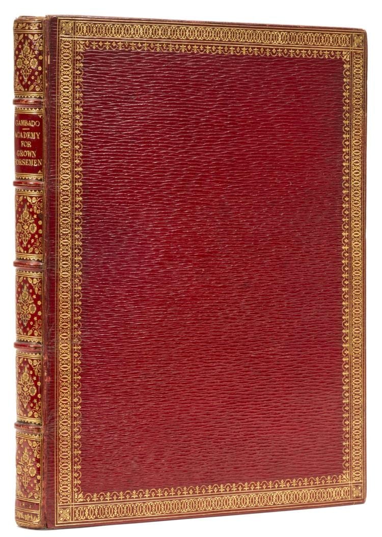 [Bunbury (Henry William)], "Geoffrey Gambado". An Academy for Grown Horsemen, fourth edition, 12 hand-coloured stipple-engraved plates, 1812; Annals of Horsemanship, 17 hand-coloured stipple-engraved plates, 1812, 2 works in 1 vol., contemporary red sold by Forum Auctions - UK, lot 21 — auction record photograph
