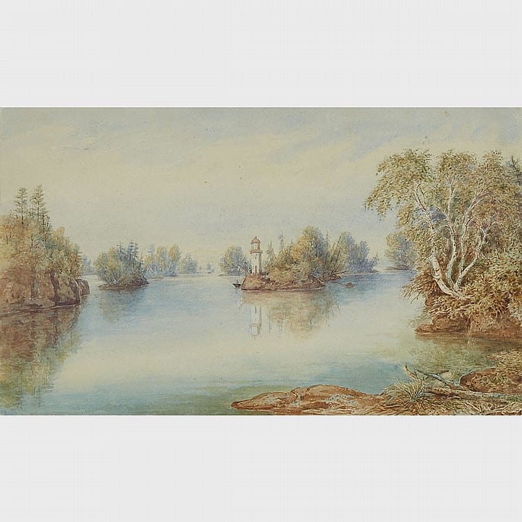 john herbert caddy in the lake of thousand islands opposite gananoque watercolour 7 75 ins x 13 ins 19 1 cms x 33 cms · Waddington's · 2017-09-21 John Herbert Caddy comparable auction result: john herbert caddy in the lake of thousand islands opposite gananoque watercolour 7 75 ins x 13 ins 19 1 cms x 33 cms