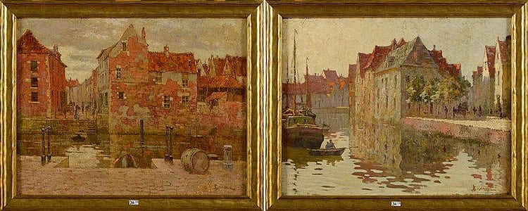 Sophus Levinsen comparable auction result: paire d huiles sur toile vues de bruges anim sign s en bas droite s