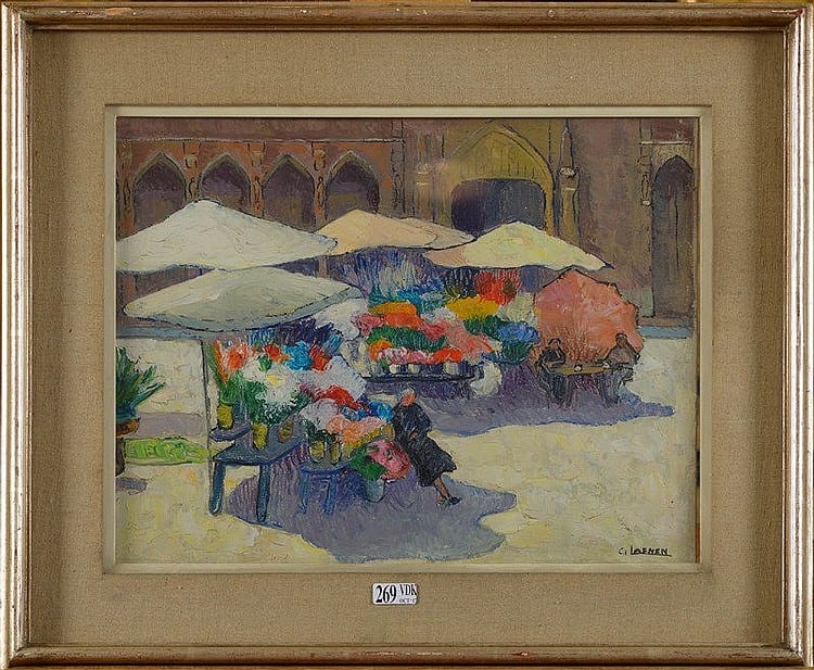 Gérard Laenen comparable auction result: huile sur toile maroufl e sur carton march aux fleurs anim grand place d