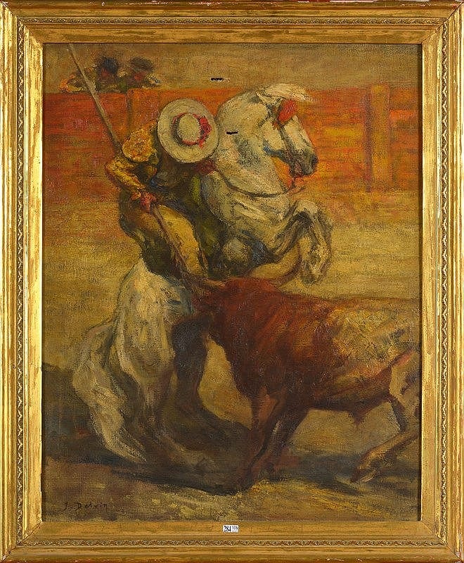 Jean Delvin comparable auction result: huile sur toile picador et taureau sign en bas gauche j delvin ecol