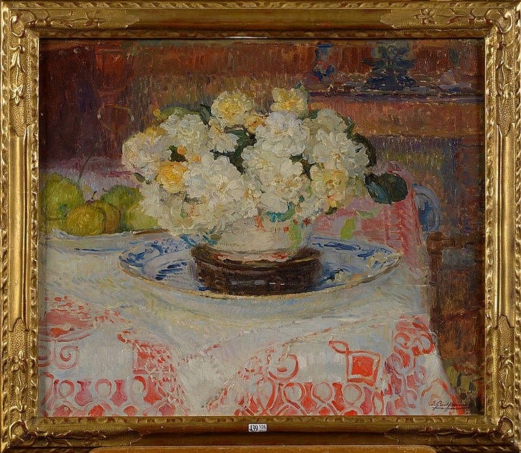 Ernest Godfrinon comparable auction result: huile sur toile nature morte aux fleurs et aux fruits sign en bas dro