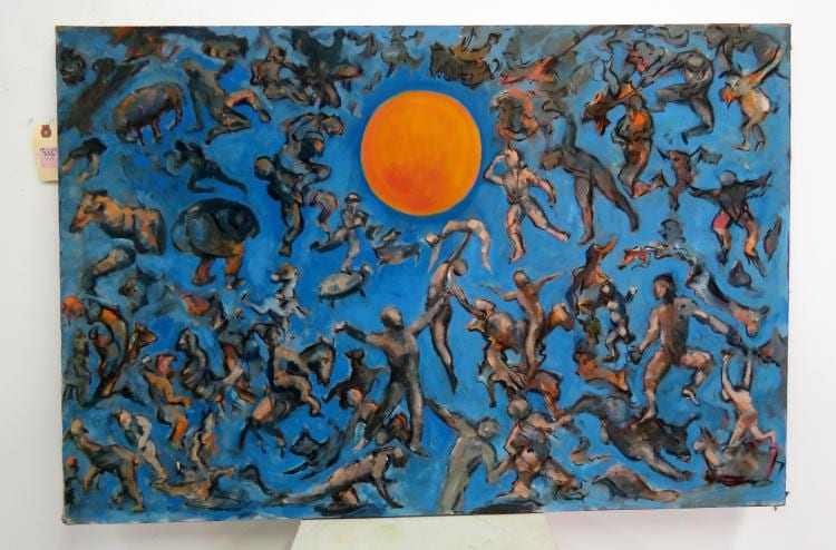 Louis Witkin comparable auction result: louis witkin american 1918 2010 oil on canvas family of man estate stamp verso 24 x 36