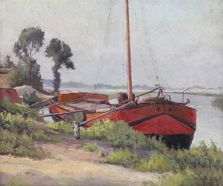 Color painting of a docked red rowboat on a shore with green shrubs and trees, with the water and sky in the background.