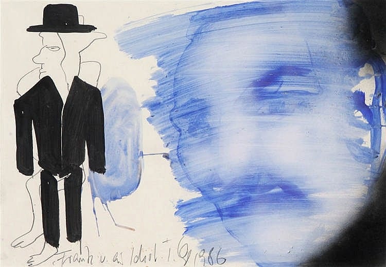 Thomas Lange comparable auction result: thomas lange 1957 frank idiot watercolour and ink spray paint and pencil initials and dated framed 420 x 600 mm
