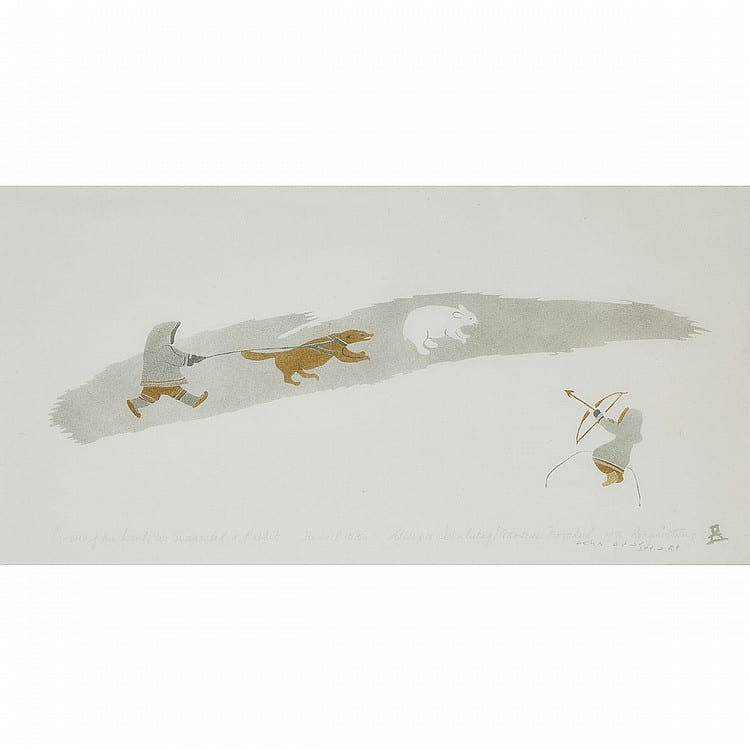 Elisapee Ishulutaq comparable auction result: elisapee ishulutaq 1925 crossing the land we surprised a rabbit stencil framed 11 x 22 27 9 x 55 9 cm