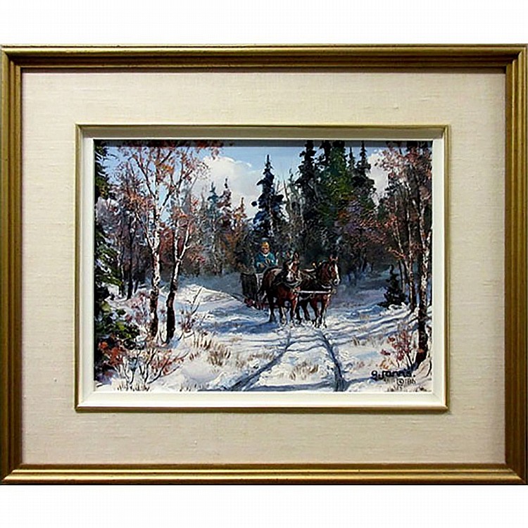 Georgia Jarvis comparable auction result: georgia jarvis canadian 1944 1990 spirited team oil on masonte signed and dated 86 lower right signed titled verso inventory rm4 12 x 16 30 5 x 40 6 cm