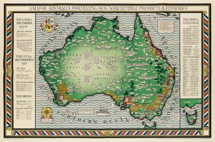 Macdonald Gill comparable auction result: leslie macdonald gill 1884 1947 a map of australia portraying her agricultural products fisheries 1930 40x60 inches 101x152 cm
