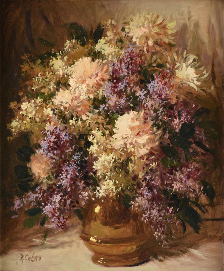 Painted floral still life with a large bouquet of white, pink, and purple flowers in a brown vase on a light background.