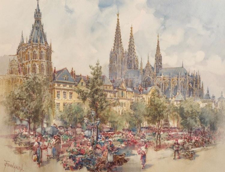 Thomas Greenhalgh comparable auction result: thomas greenhalgh 1875 1910 british a flower market in france watercolour signed 11 25 x 14 75 provenance the bourne gallery