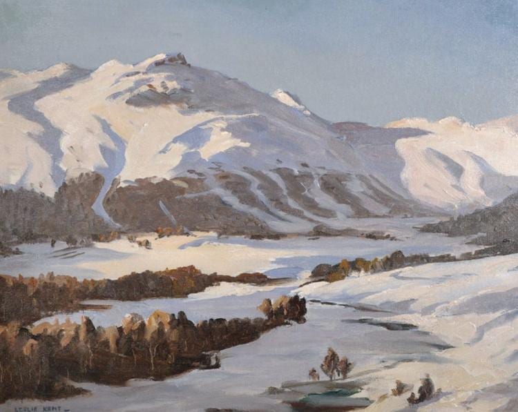 Leslie Kent comparable auction result: leslie kent 1890 1980 british in the engadine switzerland a snow covered winter landscape oil on board signed and inscribed on a label on the reverse 16 x 20