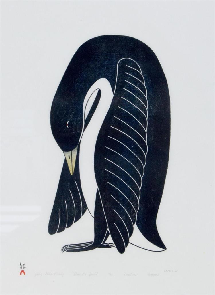 Kavavaow Mannomee comparable auction result: kavavaow mannomee cape dorset young goose preening stonecut and stencil 17 50 signed and dated 1990 24 1 4 x 18 in 61 6 x 45