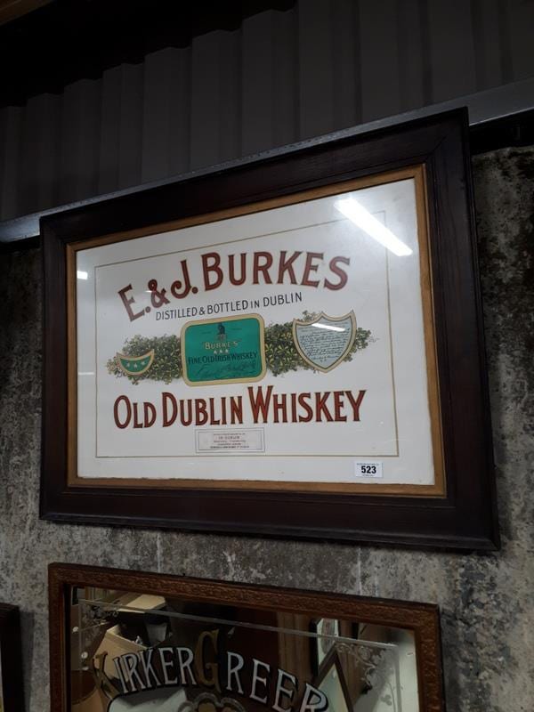 E & J BURKES OLD DUBLIN WHISKEY advertisement. sold by Victor Mee Auctions Ltd, lot 523 — auction record photograph