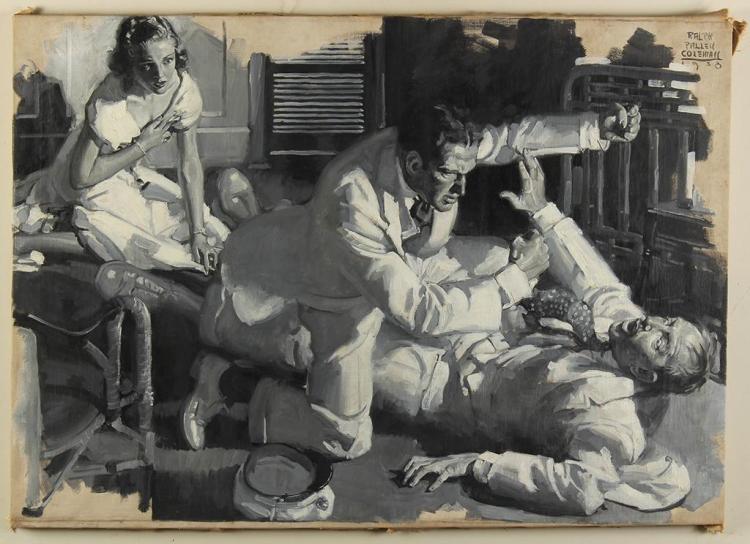 Ralph Pallen Coleman comparable auction result: ralph pallen coleman 1892 1968 pennsylvania black and white brawl 1930 oil on canvas monochromatic illustration of two men figh
