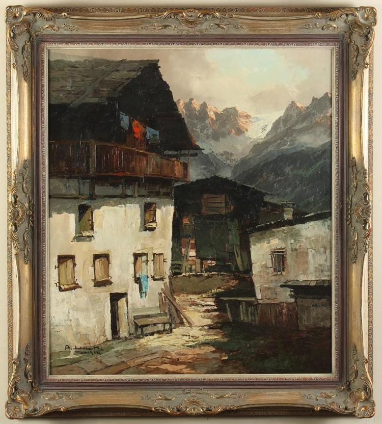 Arno Lemke comparable auction result: arno lemke b 1916 germany alps village oil on canvas scene of buildings huddled together in front of snow covered mountain pea