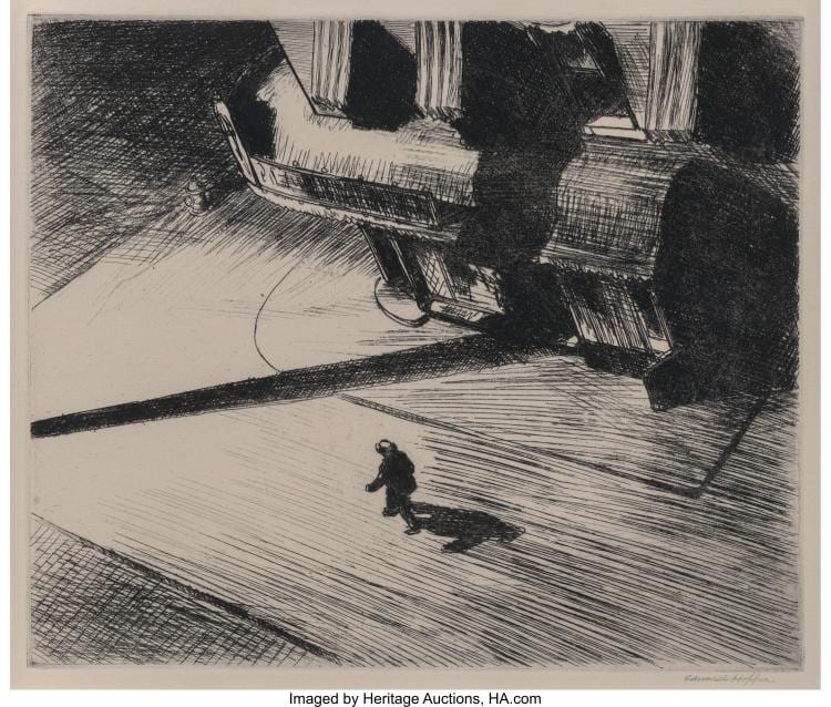 EDWARD HOPPER (AMERICAN, 1882-1967) NIGHT SHADOWS, 1921 ETCHING 6-7/8 X 8-1/8 IN sold by Heritage Auctions, lot 69147 — auction record photograph