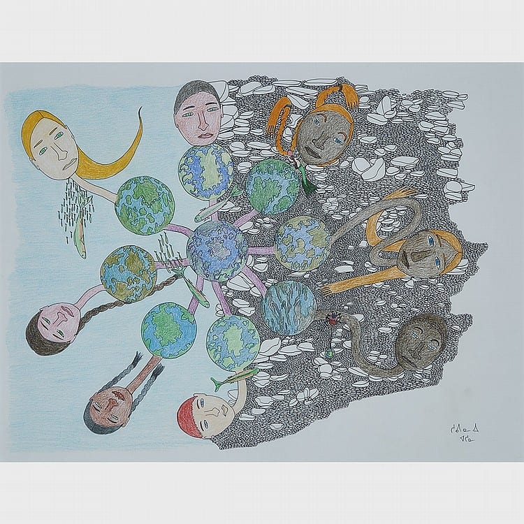Suvinai Ashoona comparable auction result: suvinai ashoona 1961 earth people over sea and land coloured pencil and felt tip drawing framed 19 25 x 25 in 48 9 x 63 5 cm
