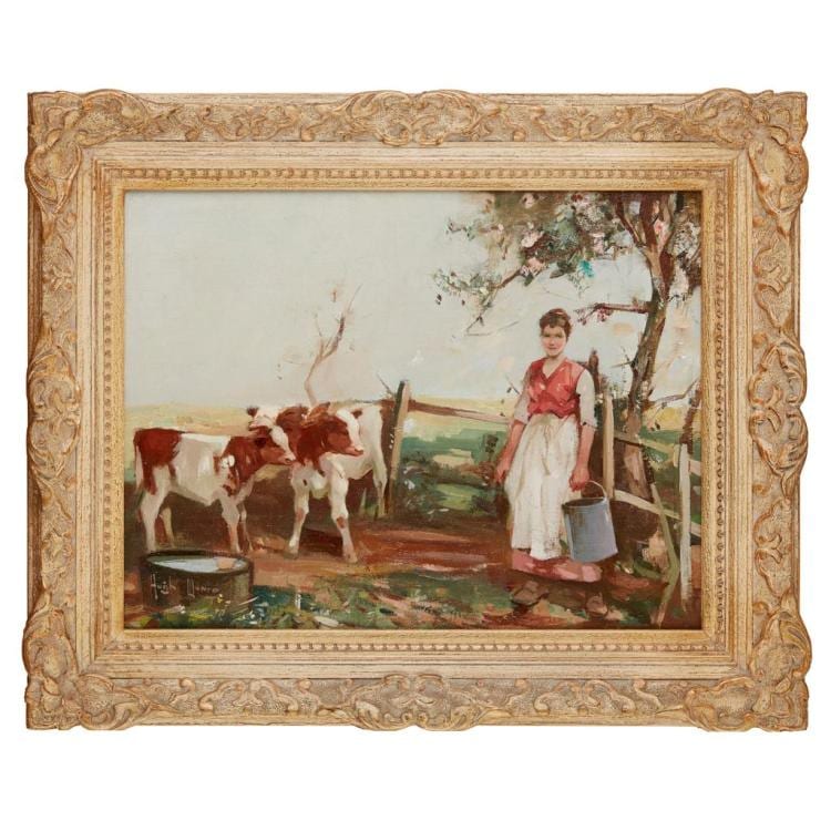 Hugh Munro comparable auction result: hugh munro scottish 1873 1928 farm girl with cattle 34cm x 44 5cm 13 25in x 17 5in