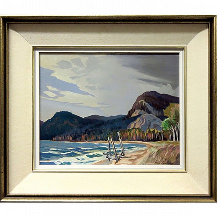Paul F. Gauthier comparable auction result: paul f gauthier canadian 1937 north shore lake superior oil on masonite signed lower right titled to green masking tape verso 12 x 15 in 30 5 x 38 1 cm