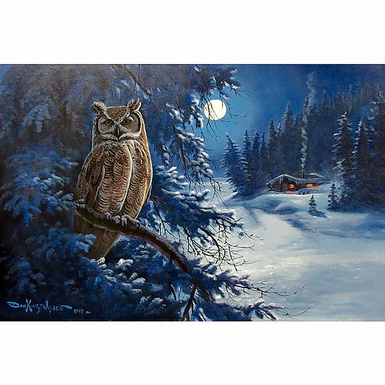 Don Ningewance comparable auction result: don ningewance indigenous 1945 untitled owl in moonlight acrylic on canvas signed and dated 97 lower left unframed stretcher only 20 x 30 in 50 8 x 76 2 cm