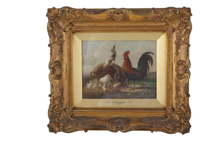 Adrien Joseph Verhoeven-Ball comparable auction result: adrien joseph verhoeven ball 1824 1882 rooster with hens and chicksoil on panel 13 x 17cmsigned and dated 1872