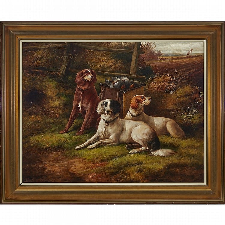 John W. Morris comparable auction result: john w morris 1865 1924 retrievers guarding the catch oil on canvas signed lower left 28 25 x 36 in 71 8 x 91 4 cm