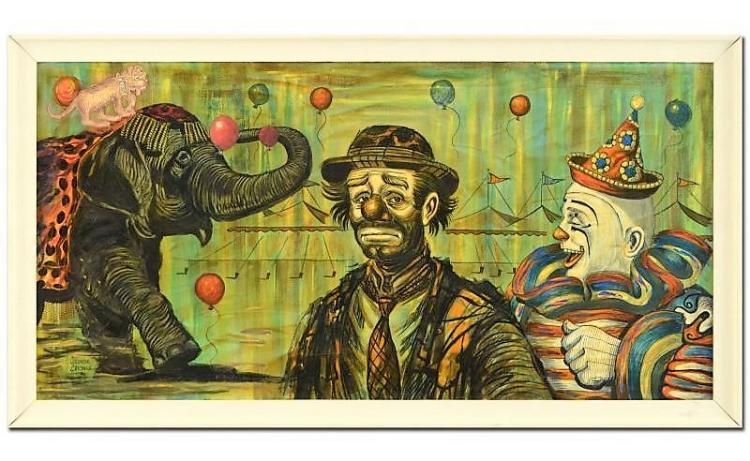 Framed circus painting showing an elephant, clown, and sad-faced performer with balloons and a circus tent.