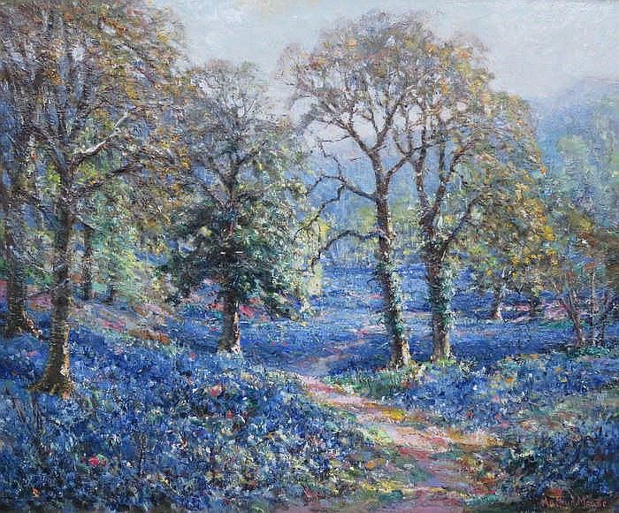 Arthur Meade comparable auction result: arthur meade framed oil on canvas depicting a woodlands scene with bluebel