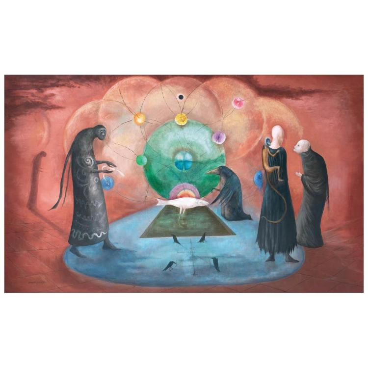 Leonora Carrington, Virginia's fish, Signed, Oil on canvas, 79.5 x 130 cm / 31.2 x 51.1 inches. comparable sale