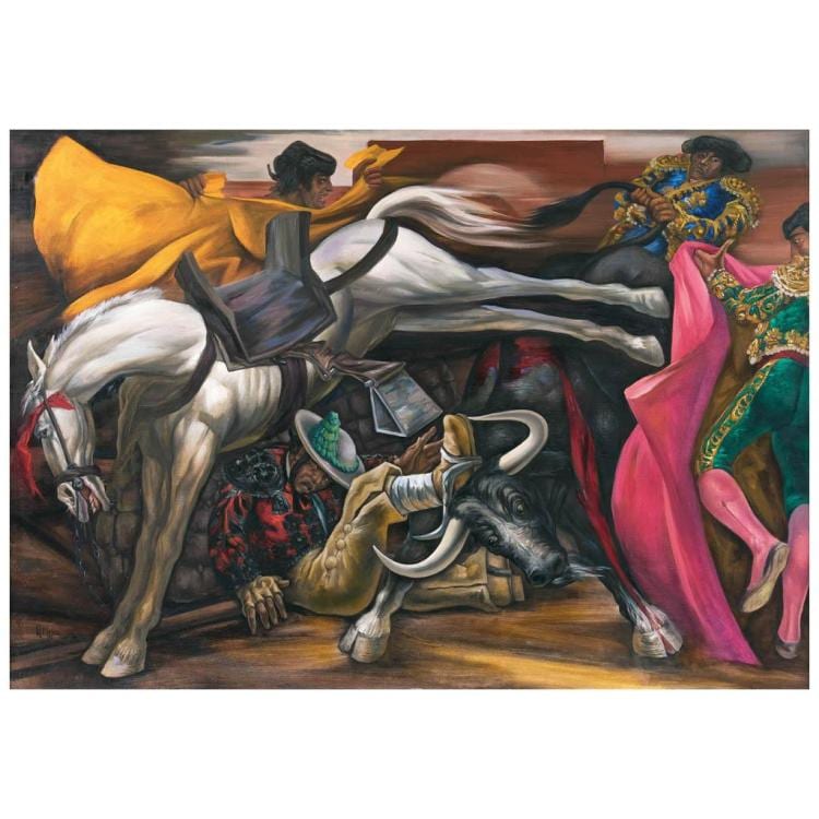 Jose Reyes Meza comparable auction result: jose reyes meza la patada del caballo signed and dated 94 oil on canvas 140 x 200 cm 55 1 x 78 7 inches