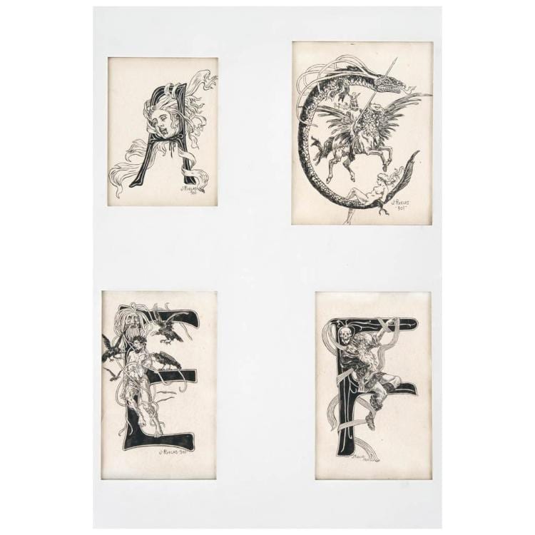 julio ruelas letras capitulares a c e f all signed and dated 901 ink on paper variable measures pieces 4 framed together · Morton Subastas · 2017-11-30 Julio Ruelas comparable auction result: julio ruelas letras capitulares a c e f all signed and dated 901 ink on paper variable measures pieces 4 framed together