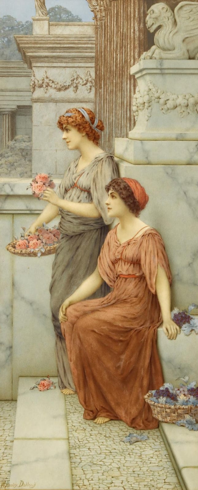 William Anstey Dolland comparable auction result: william anstey dolland 1858 1929 classical maidens with baskets of flowers signed watercolour 60 x 25 cm in original gilt moulded frame and gold mount