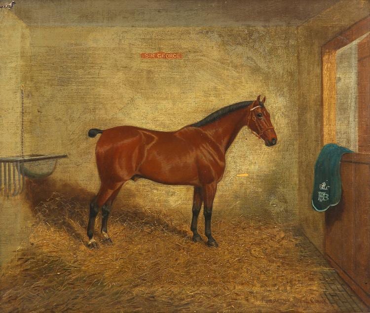 Frederick Albert Clark comparable auction result: frederick albert clark 19th century sir george standing chesnut in stables signed lower right dated 1902 oil on canvas 51 x 61cm in a fine burr walnut veneered frame