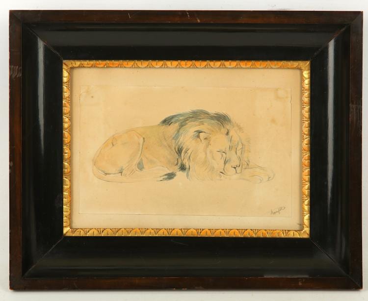 Johann Mathias Ranftl comparable auction result: attributed to johann mathias ranftl 1805 1854 austrian sleeping lion pencil and watercolour signed lower right mounted and framed 14 x 20cm
