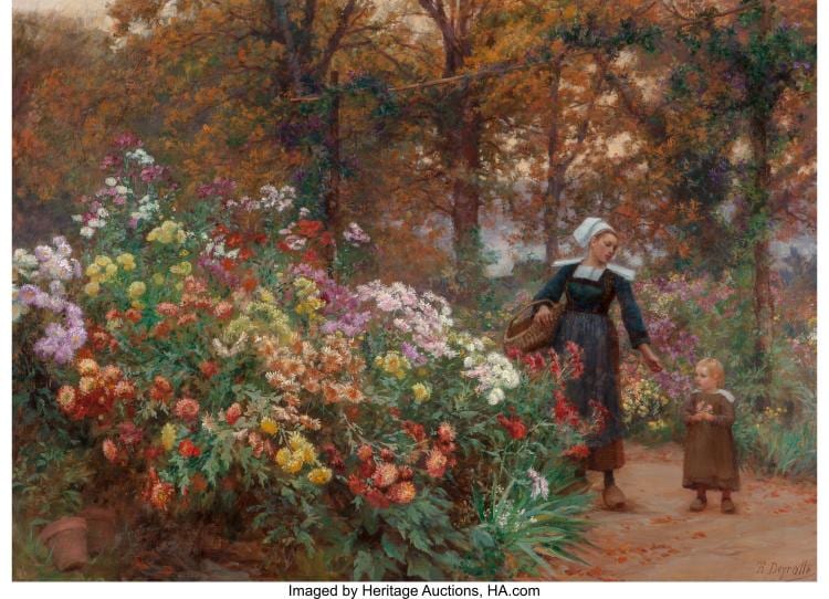 Théophile-Louis Deyrolle comparable auction result: th ophile louis deyrolle french 1823 1923 la cueillette des fleurs en bretagn