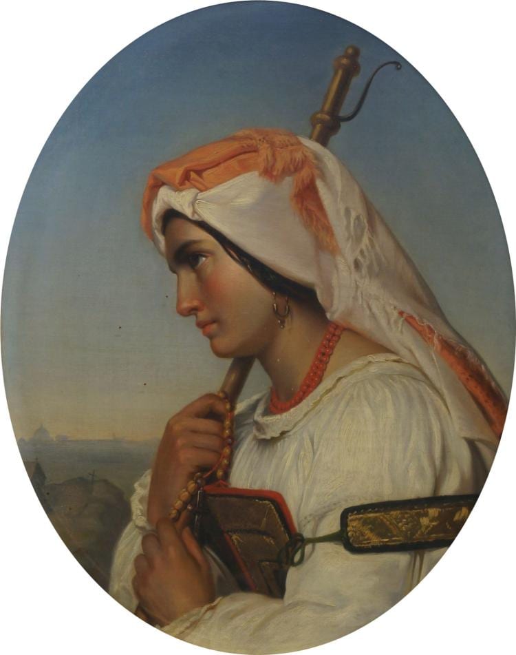 Attributed to Giuseppe Mazzolini, Italian 1806-1876- Portrait of a penitent woman, quarter-length holding a staff turned to the left with a landscape beyond; oil on canvas, feigned oval, 54.5x42.5cm sold by Roseberys, lot 432 — auction record photograph