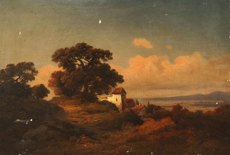 Karl Friedrich Lessing comparable auction result: karl friedrich lessing german 1808 1880 landscape with dwellings and woodland at sunset oil on canvas signed with initilas and dated 1846 35 5x47cm unframed