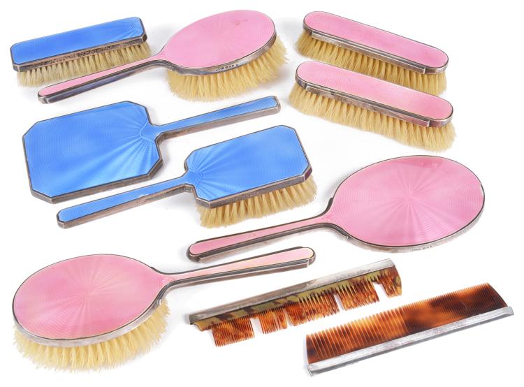 Archibald (1825) Webb comparable auction result: a suite of mappin webb enamelled dressing table brushes and mirrors a clothes and hair brush with
