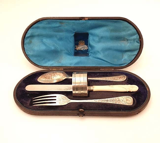 a cased christening set comprising fork spoon knif · Claydon Auctioneers · 2017-12-02 Edward Walker comparable auction result: a cased christening set comprising fork spoon knif