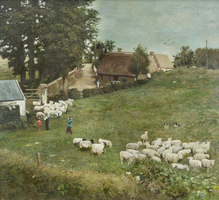 Jack Cudworth comparable auction result: jack cudworth b 1930 in the field with sheepoil on board 53 x 59cm 20 x 23 signedprovenance from the estate of the late cyril murray