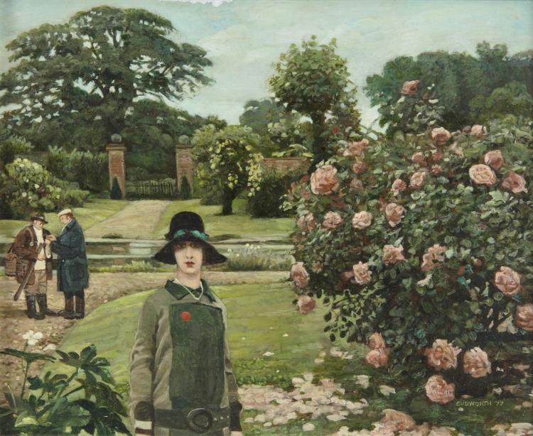 Jack Cudworth comparable auction result: jack cudworth b 1930 lady in the garden by rose bushoil on board 22 5 x 27 5cm 8 x 10 signed and dated 19 77provenance from the estate of the late cyril murray