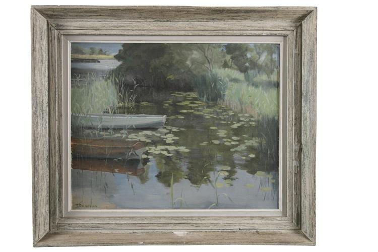 Phoebe Donovan comparable auction result: phoebe donovan 1902 1975 punts in reeds by river banksoil on canvas 40 x 50cm 15 x 19 signedprovenance captain hcp hamilton moyne durrow co laois thence by descent