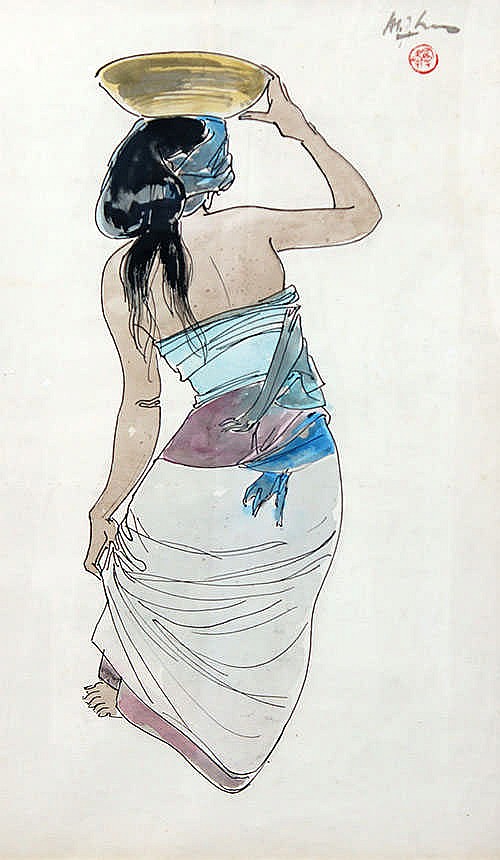 Lee Man Fong (Guangzhou, Canton, China 1913 - Jakarta, Indonesia,1988) Balinese.Woman with Offering comparable sale