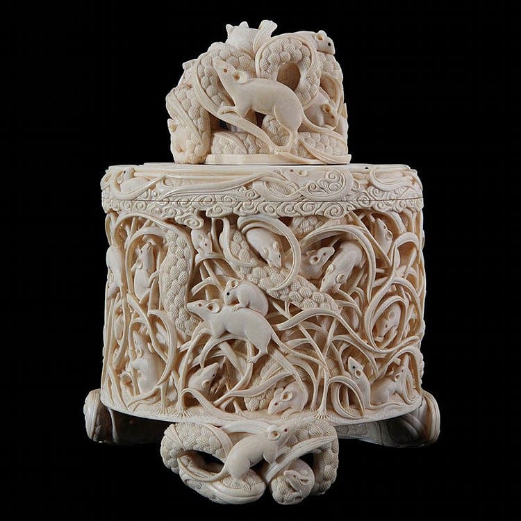 Ikko Narahara comparable auction result: ikko 1800 1868 tusk box and cover carved and openwork ivory