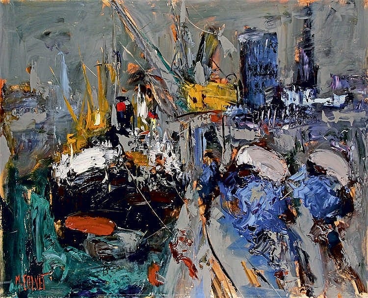 Michel Calvet comparable auction result: michel calvet n en 1956 cargo quai acrylique sur toile sign e en