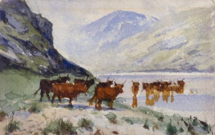 Arthur William Redgate comparable auction result: arthur william redgate 1860 1906 british a highland landscape with cattle watercolour signed with initials 2 5 x 4 provenance fry gallery london